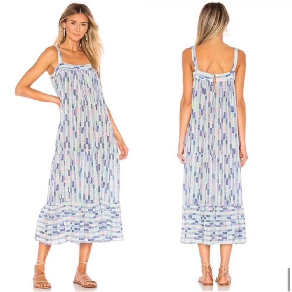 Lemlem Gigi Silk  Blue Green Herringbone Sweepy Tiered Midi Dress Size Small